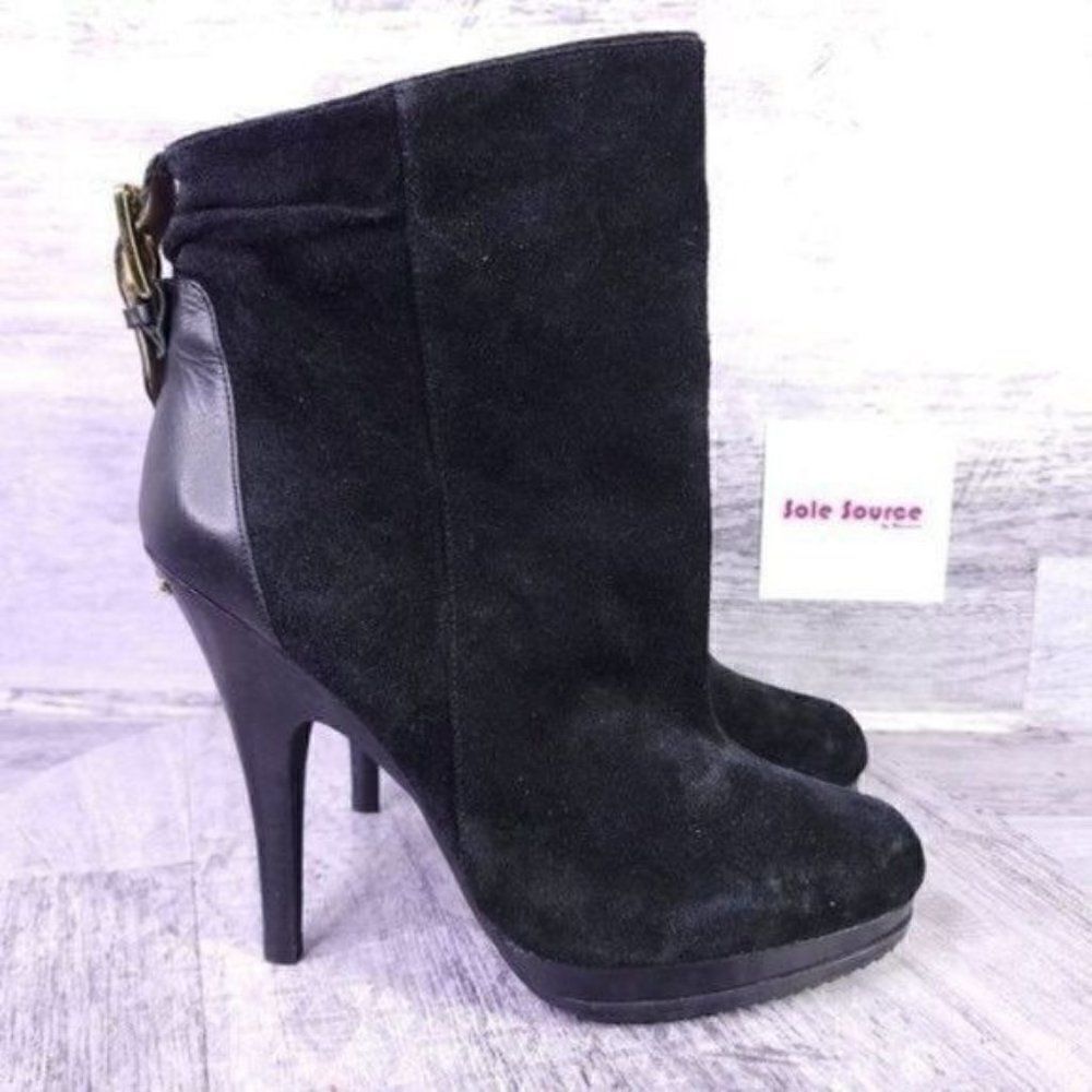 Michael Kors Stiletto Heeled Suede Ankle Boot Black Gold Women's sz 9.5
